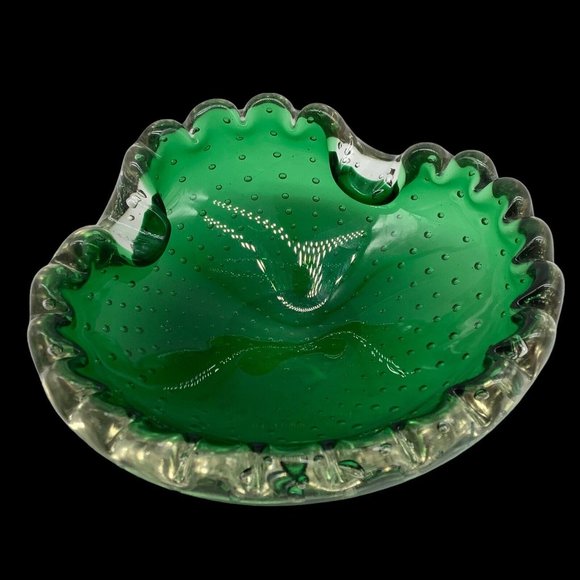 Murano MCM Handblown Bullicante Emerald Green Glass Ashtray/Bowl - Picture 2 of 12